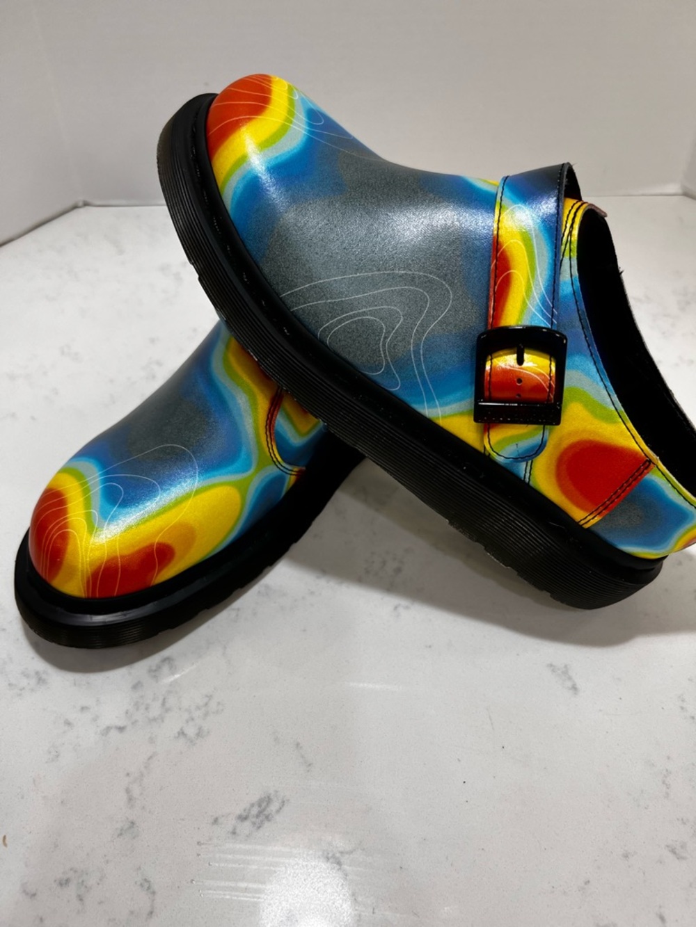 Dr. Martens Kids Heat-Map Print Buckle Clogs in Yellow, Red, Blue, Black - Picture 2 of 14